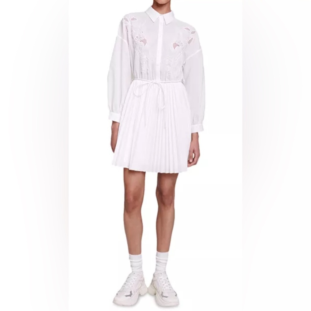 Maje Riwhite Lace Detail Pleated Shirt mini dress in white size 36 / 4
